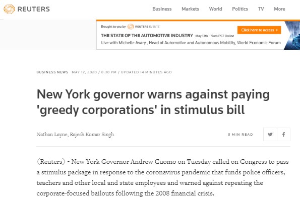 رويترز البريطانية : حاكم نيويورك يحذر من دفع الشركات الجشعة في فاتورة التحفيز