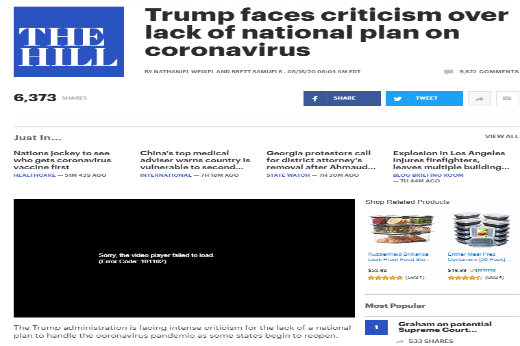 صحيفة ( ذا هيل ) الأمريكية ترامب يواجه انتقادات بسبب عدم وجود خطة وطنية لمواجهة فيروس كورونا